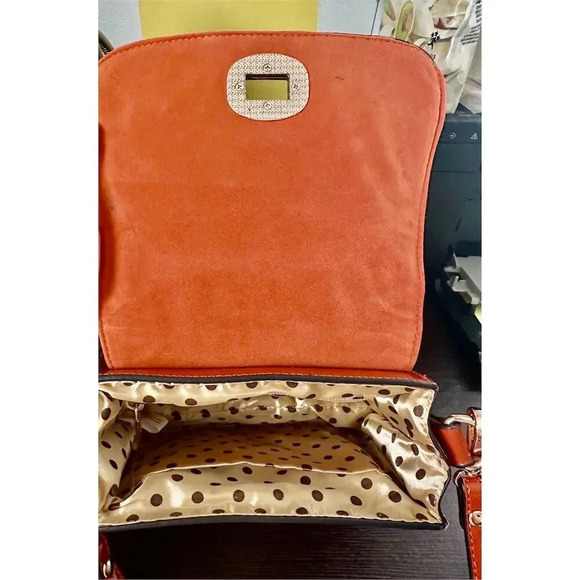 Melie Bianco Red Faux Leather Crossbody Bag Polka Dot Interior Gold Hardware - Picture 3 of 9